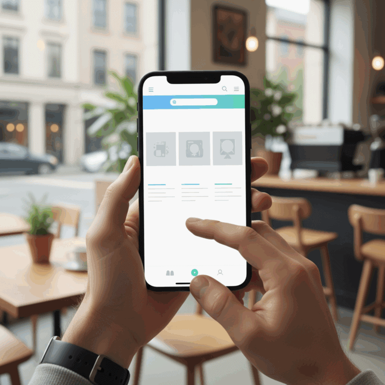 אדם גולש בטלפון סלולרי עם אתר אינטרנט מותאם למובייל