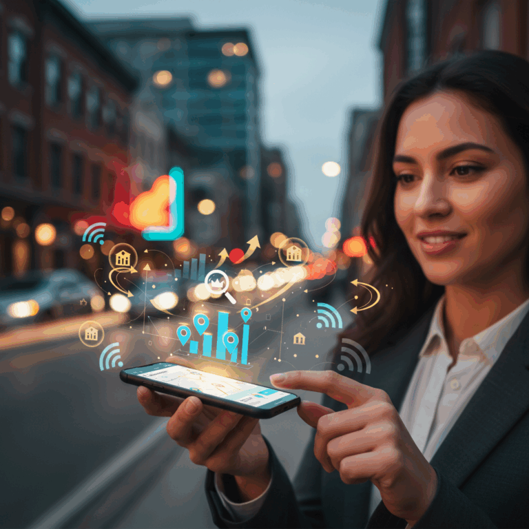 אישה משתמשת בסמארטפון עם אפליקציית מפות, מחפשת עסק מקומי, עם סמלי SEO מקומי ואלמנטים גרפיים המצביעים על דירוג גבוה בחיפוש, על רקע של נוף עירוני מטושטש.