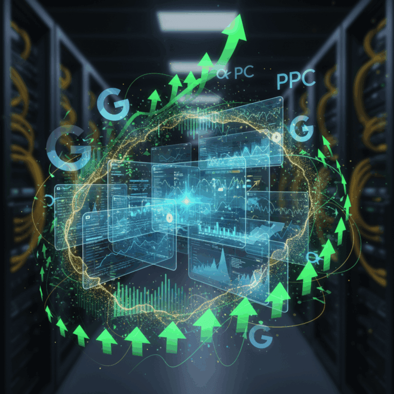 גרפיקה דיגיטלית המציגה נתונים וגרפים על מסכים מרובים, סמלי Google Ads ו-PPC מרחפים, המוקפים במגמות צמיחה חיוביות וחצים ירוקים המצביעים למעלה, מראה ניהול קמפיינים מוצלח וגידול עסק.